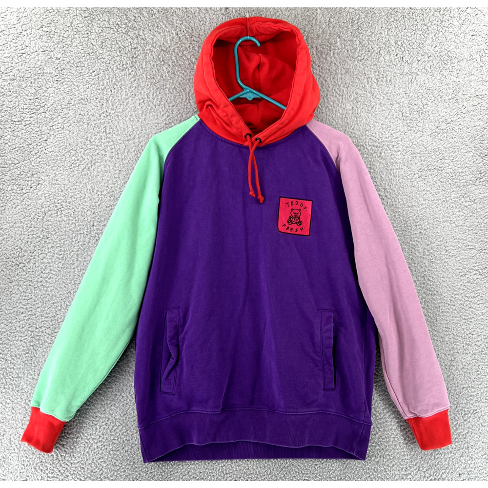 Teddy Fresh Sweater Mens Medium Hoodie Colorblock Purple Yellow Pink Casual READ